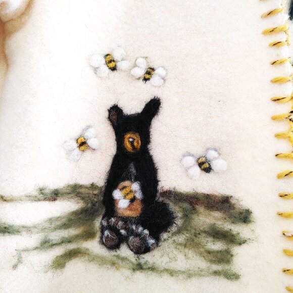 Handmade Girls Wool Hooded Coat 2 Button Graphic Bear Bees Jacket - Picture 2 of 4